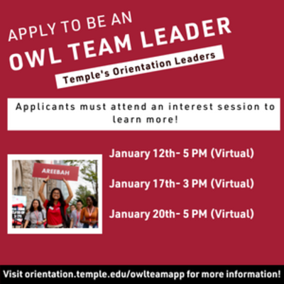 Owl Team Leader Interest Sessions- January 12th- 5 PM (Virtual)  January 17th- 3 PM  (Virtual) January 20th- 5 PM (Virtual)