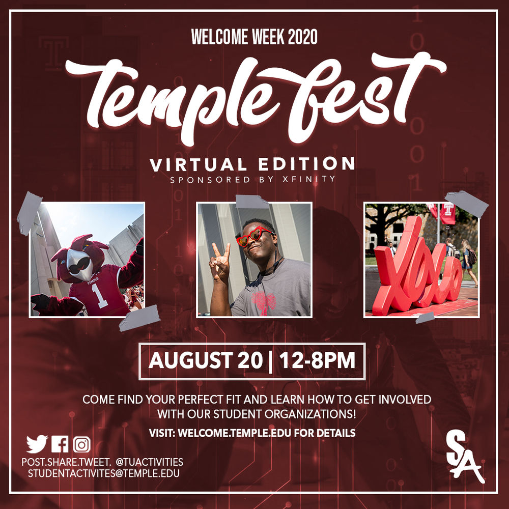 Virtual TempleFest, August 20, 12 - 8 pm. Come find your perfect fit and learn how to get involved.